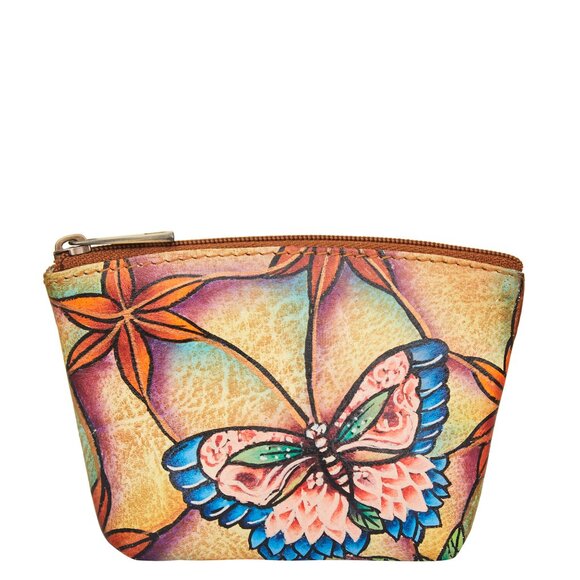 Hand-Painted Leather Coin Pouch with Butterfly Artwork – Compact Wallet - Picture 1 of 6